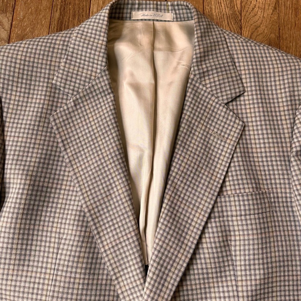 Vintage Stanley Blacker Blazer Mens 42R Gingham Check Tan Brown Professional USA